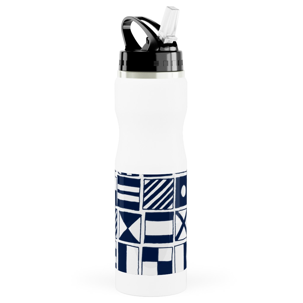 Sailing Flags - Navy Blue Stainless Steel Water Bottle with Straw, 25oz, With Straw, Blue, True Blue