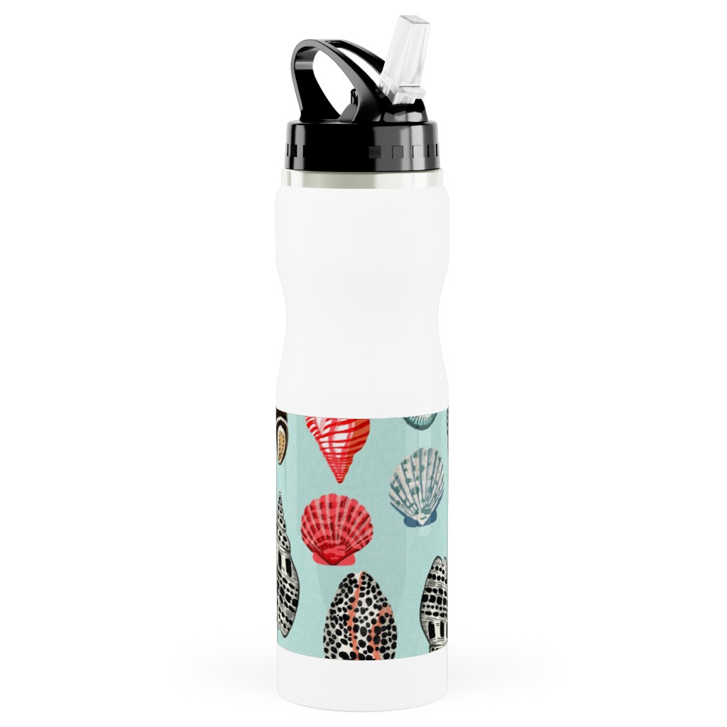 Seashells Beach Summer - Mint Stainless Steel Water Bottle with Straw, 25oz, With Straw, Multicolor