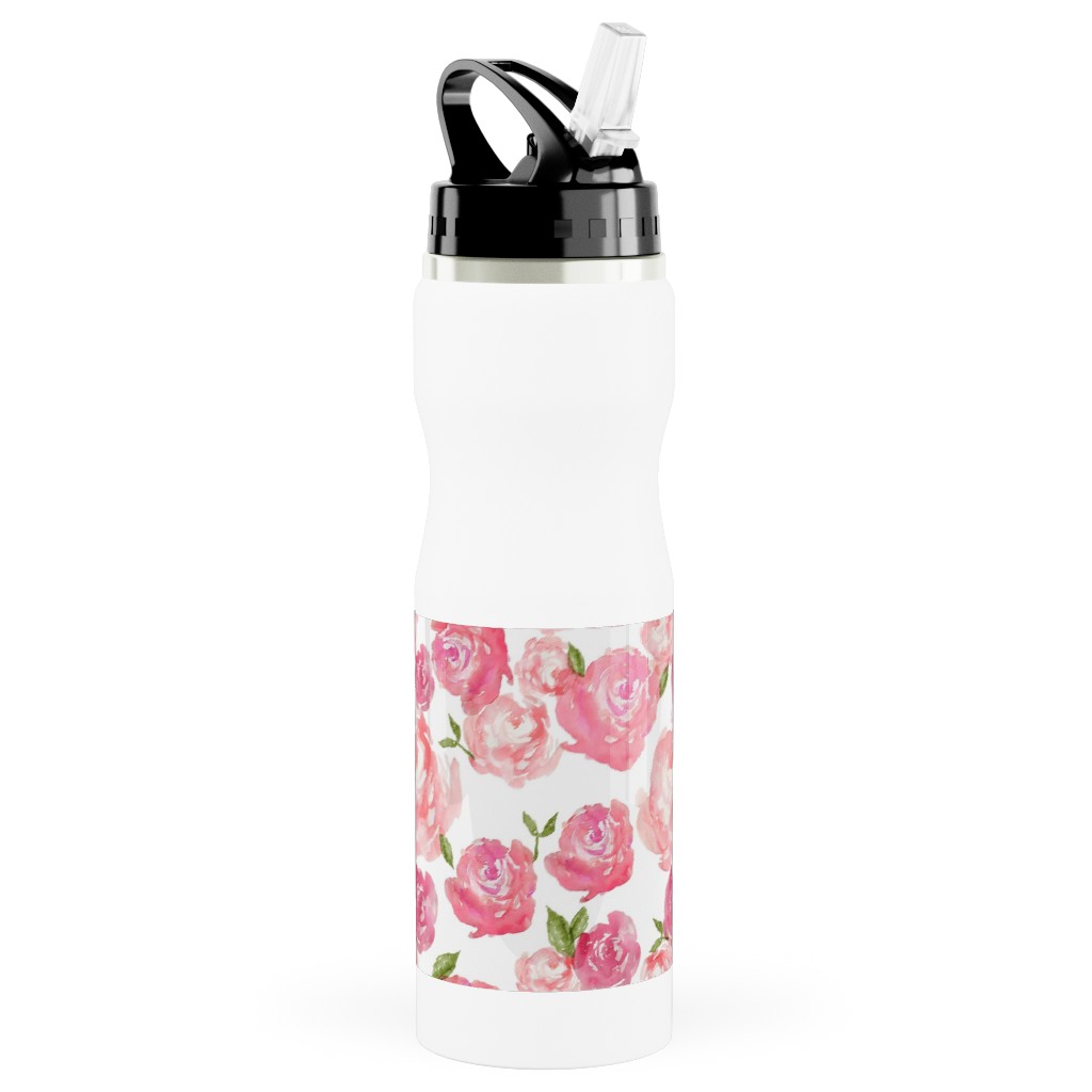Watercolor Floral - Pink Stainless Steel Water Bottle with Straw, 25oz, With Straw, Pink