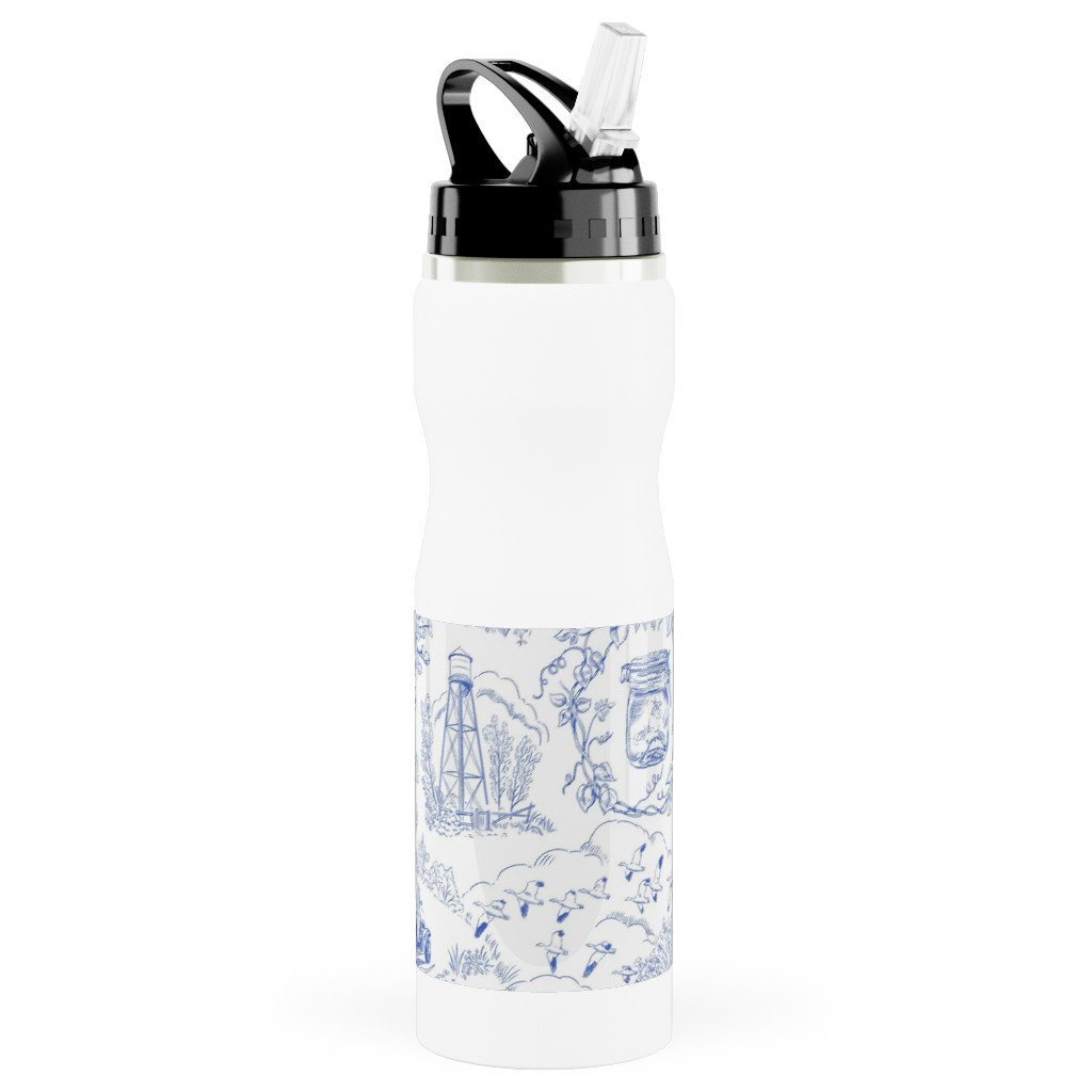 Country Living Toile - Blue Stainless Steel Water Bottle with Straw, 25oz, With Straw, Blue