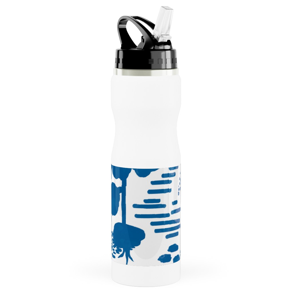Blue and White Garden Stainless Steel Water Bottle with Straw, 25oz, With Straw, Blue