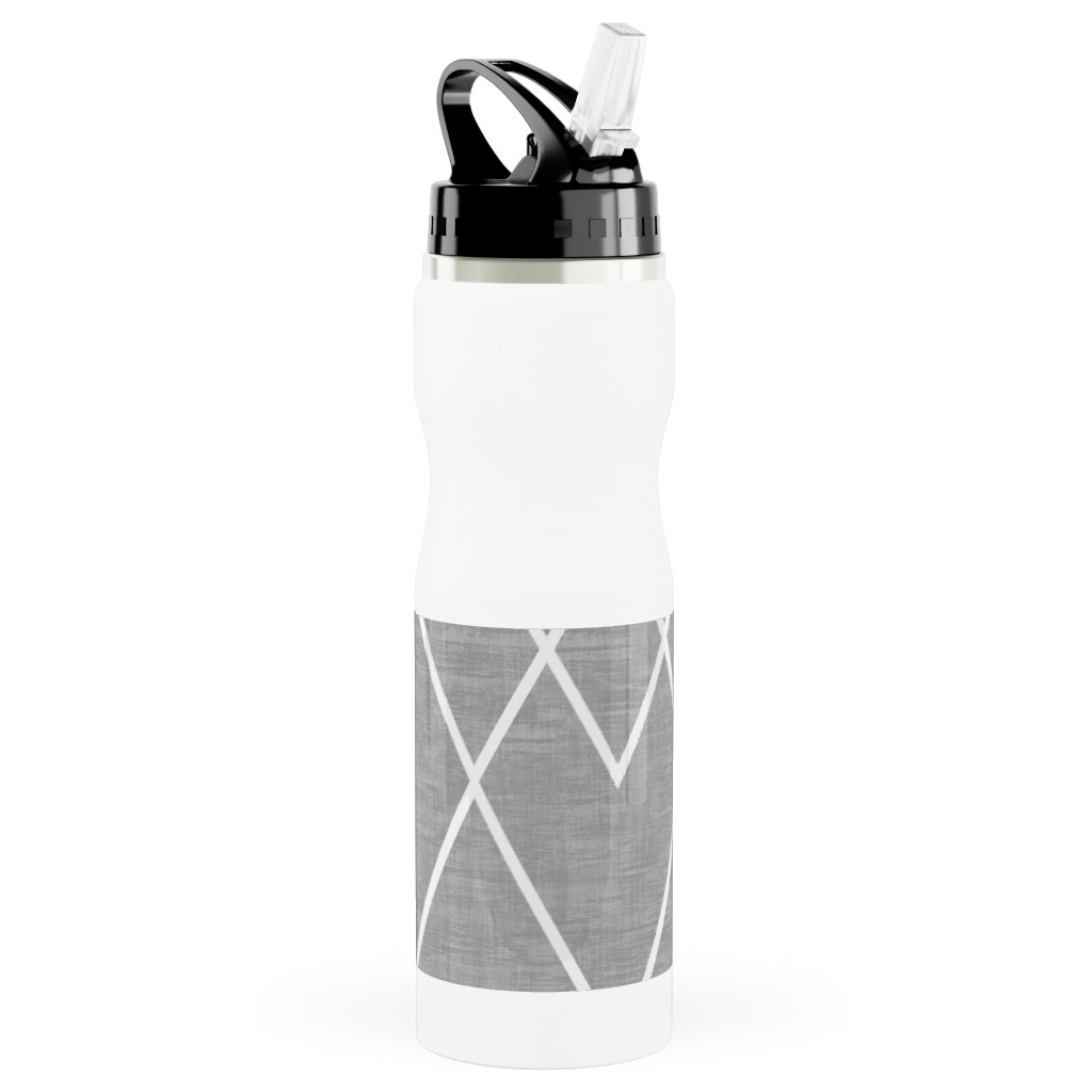 Geometric Grid - Gray Stainless Steel Water Bottle with Straw, 25oz, With Straw, Gray