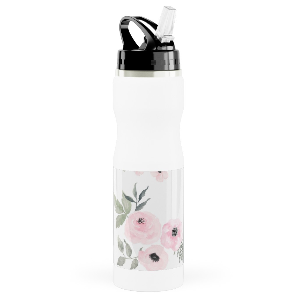 Sweet Blush Roses - Pink Stainless Steel Water Bottle with Straw, 25oz, With Straw, Pink