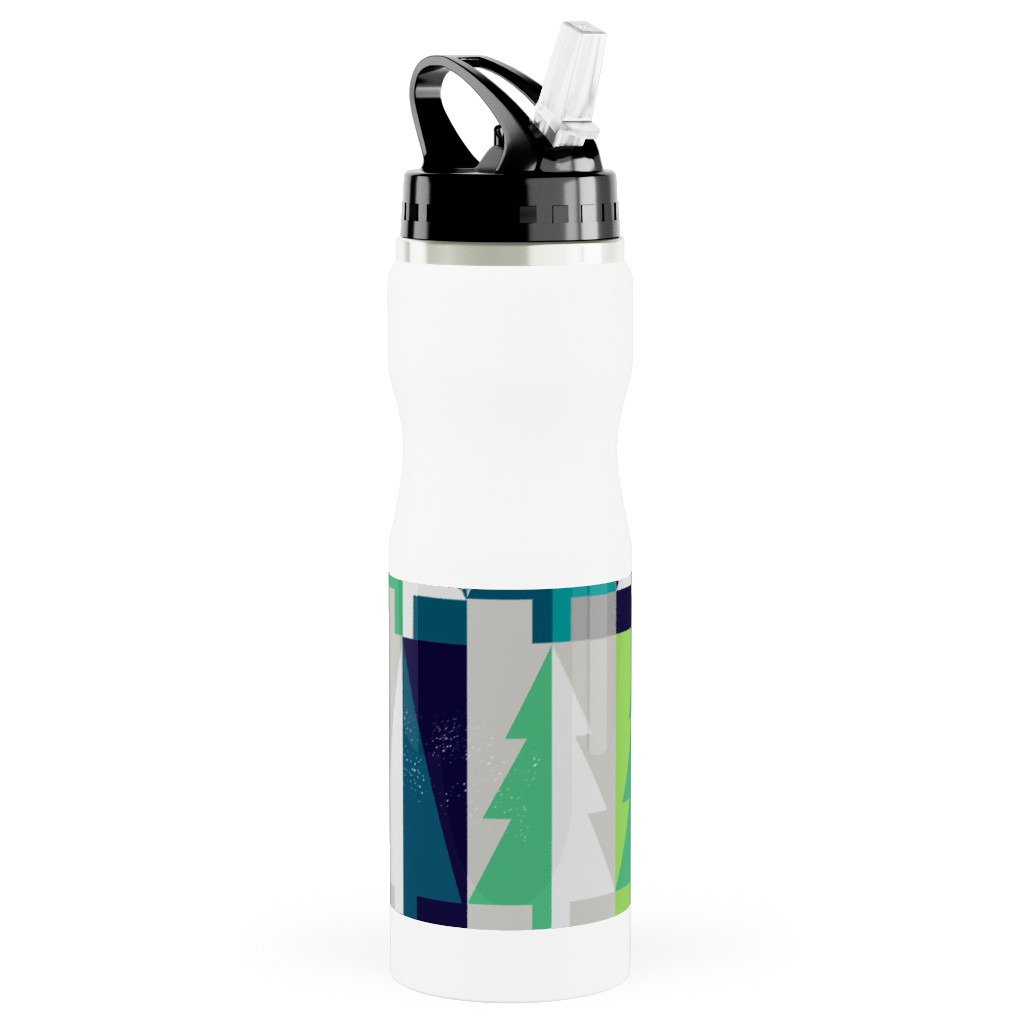 Winter Pine Tree Forest - Green Stainless Steel Water Bottle with Straw, 25oz, With Straw, Green