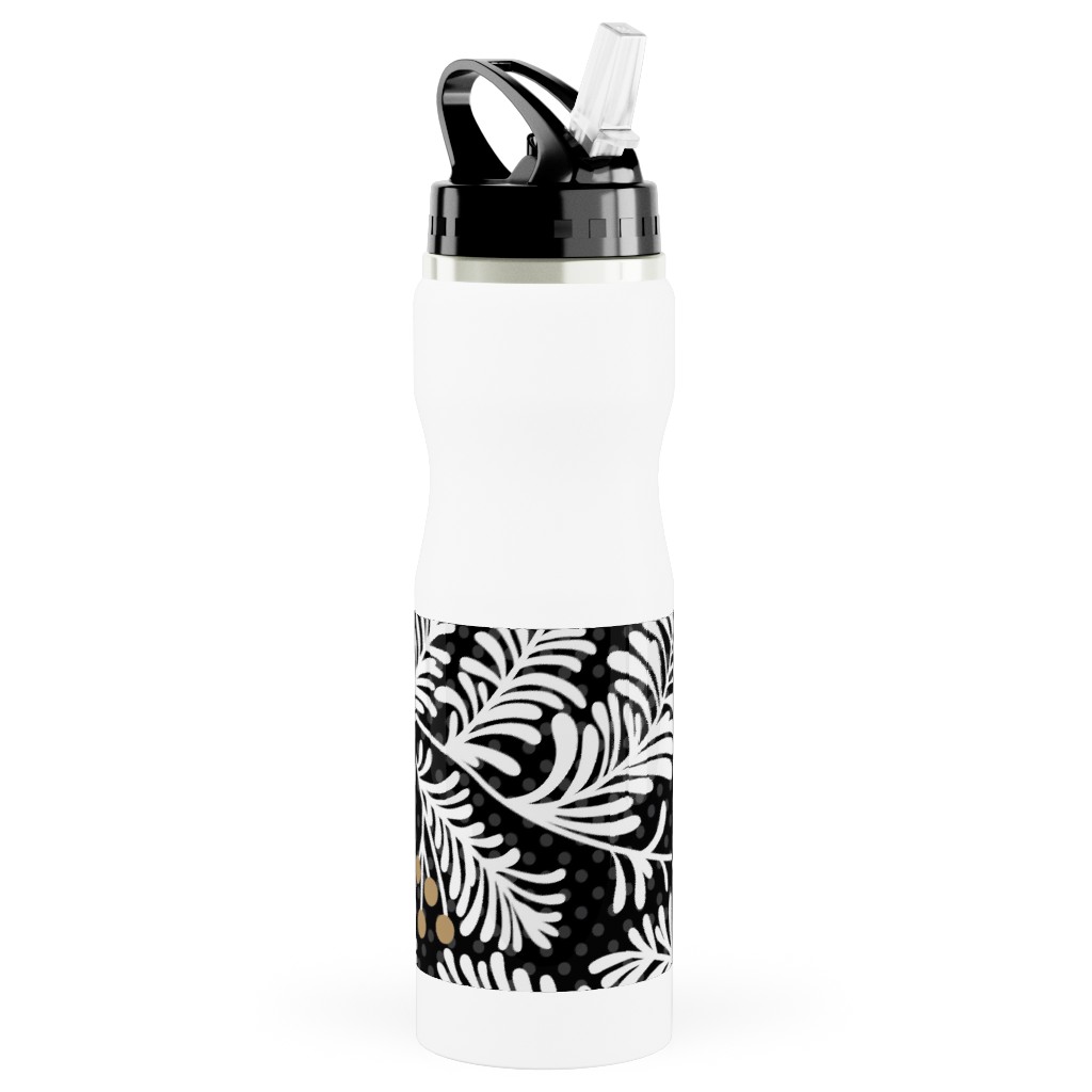 Winter Branches Stainless Steel Water Bottle with Straw, 25oz, With Straw, Black