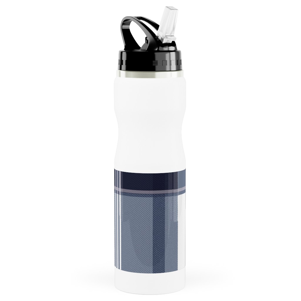 Navy Blue Plaid Stainless Steel Water Bottle with Straw, 25oz, With Straw, Blue, True Blue