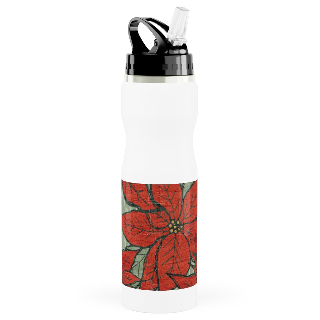 Wild Poinsettias Stainless Steel Water Bottle with Straw, 25oz, With Straw, Red