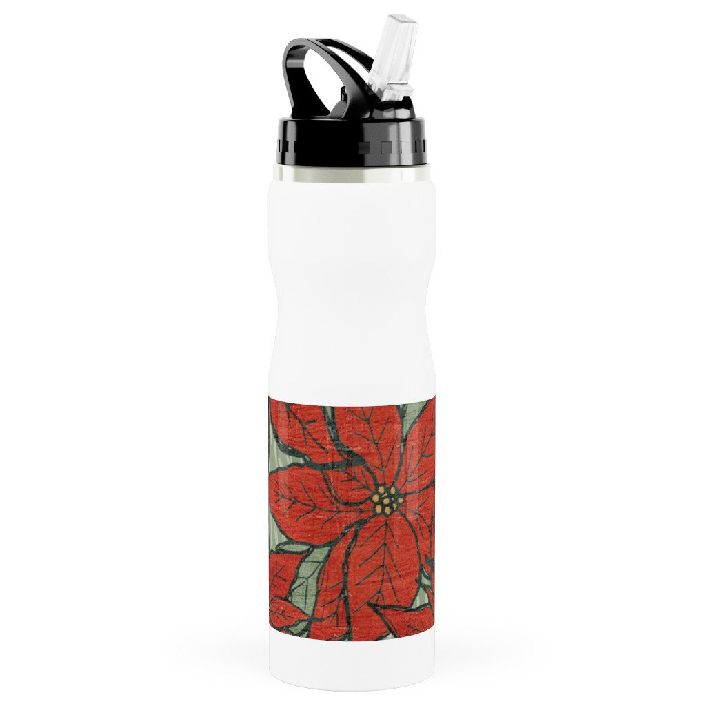 Wild Poinsettias Stainless Steel Water Bottle with Straw, 25oz, With Straw, Red, Red