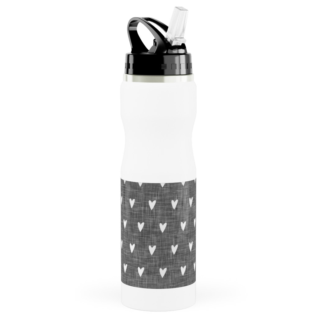 Hearts on Grey Linen Stainless Steel Water Bottle with Straw, 25oz, With Straw, Gray