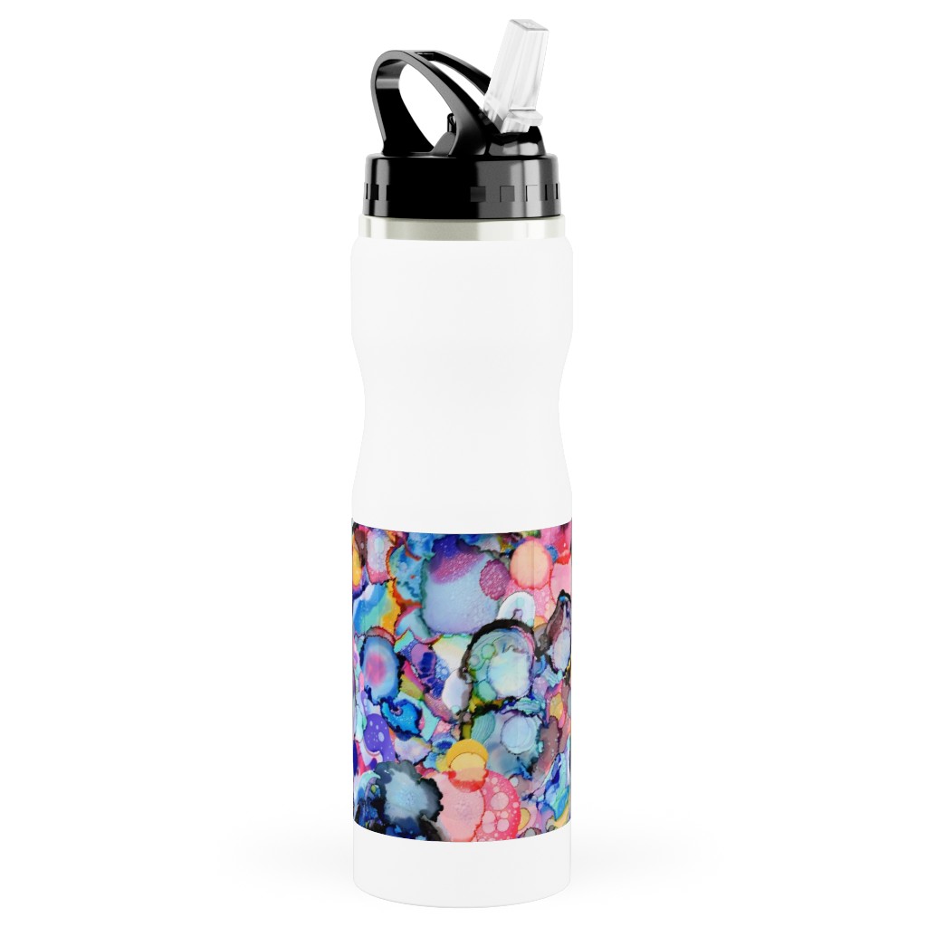 Rainbow Ink Abstract - Multi Stainless Steel Water Bottle with Straw, 25oz, With Straw, Multicolor