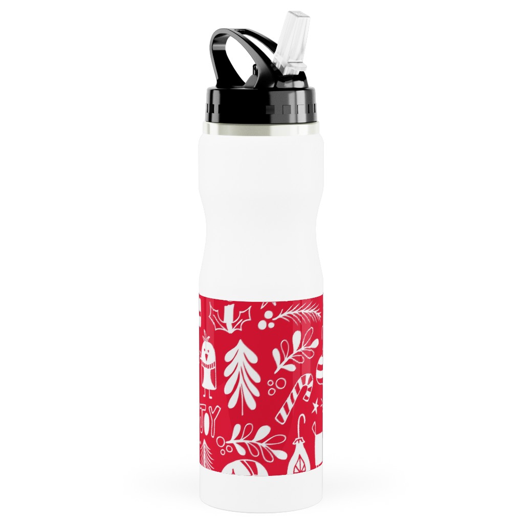 Peace & Joy Christmas - Red Stainless Steel Water Bottle with Straw, 25oz, With Straw, Red, Red