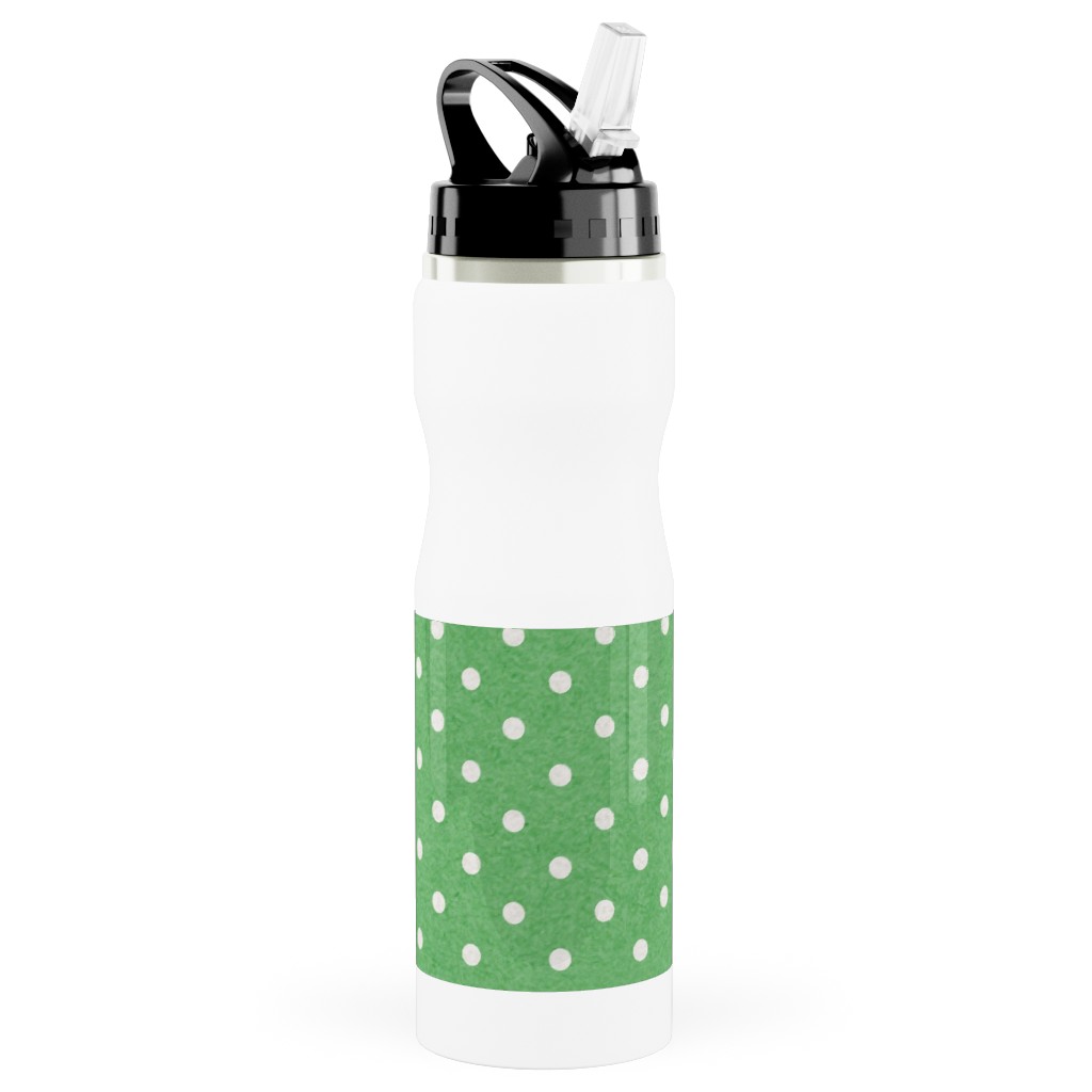 Mottled Xmas Polkadots - Green Stainless Steel Water Bottle with Straw, 25oz, With Straw, Green