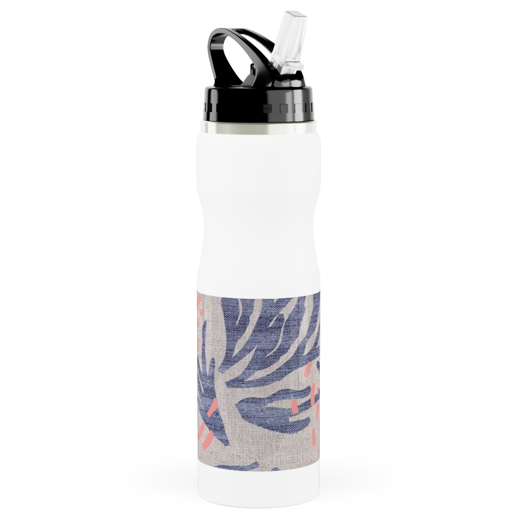 French Linen Anemone Stainless Steel Water Bottle with Straw, 25oz, With Straw, Blue, True Blue