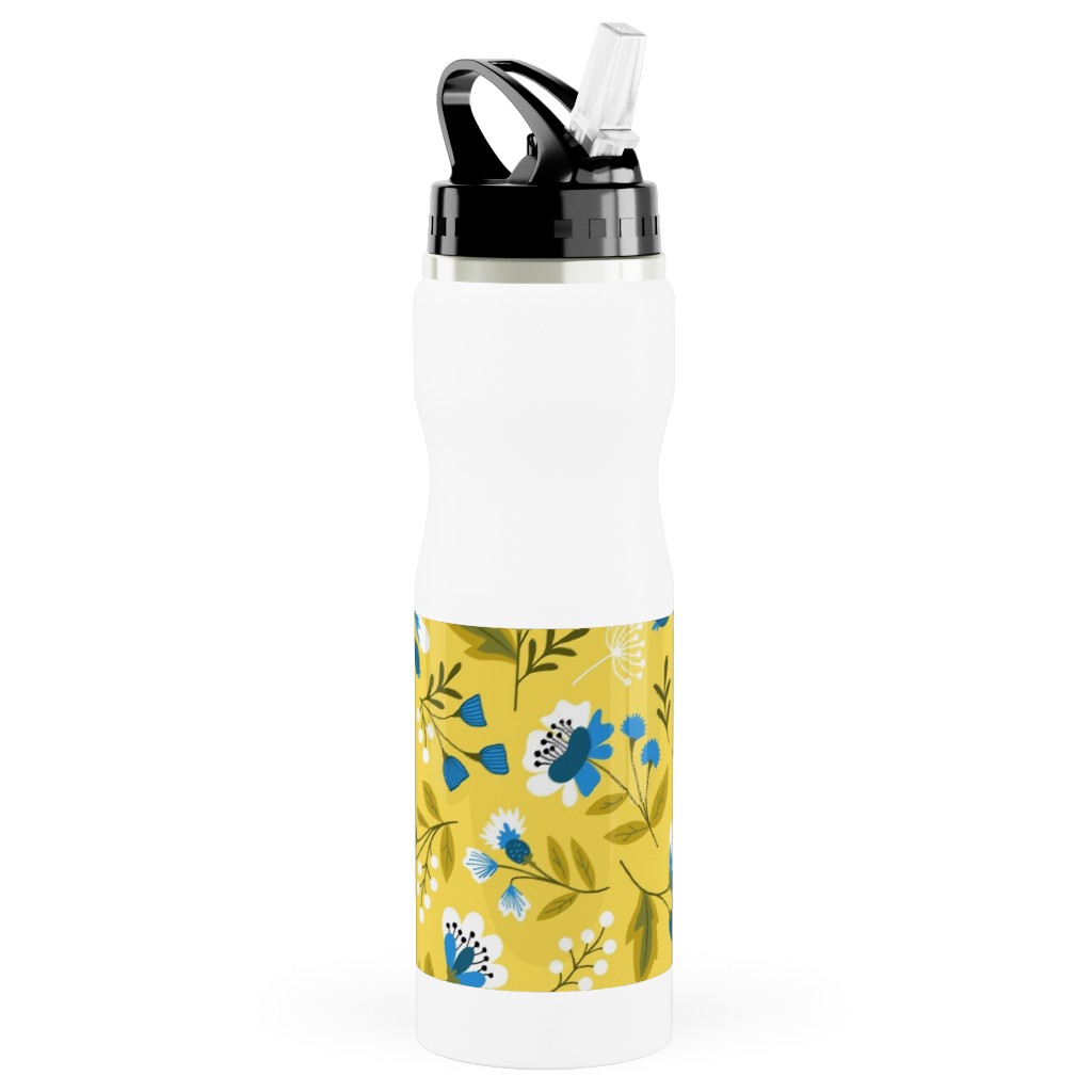 Colorful Spring Flowers - Blue on Yellow Stainless Steel Water Bottle with Straw, 25oz, With Straw, Yellow