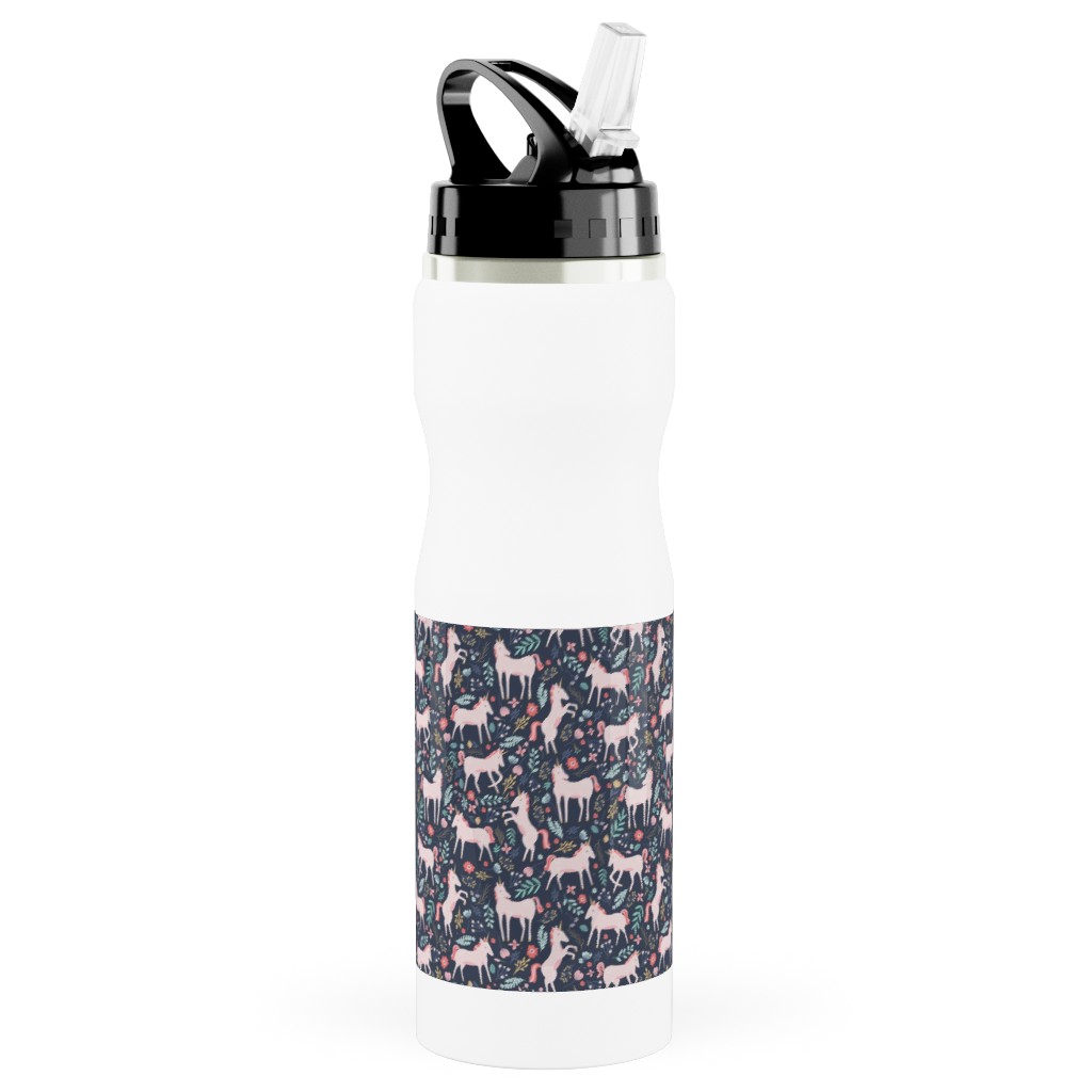 Pink Unicorn Fields - Dark Stainless Steel Water Bottle with Straw, 25oz, With Straw, Multicolor