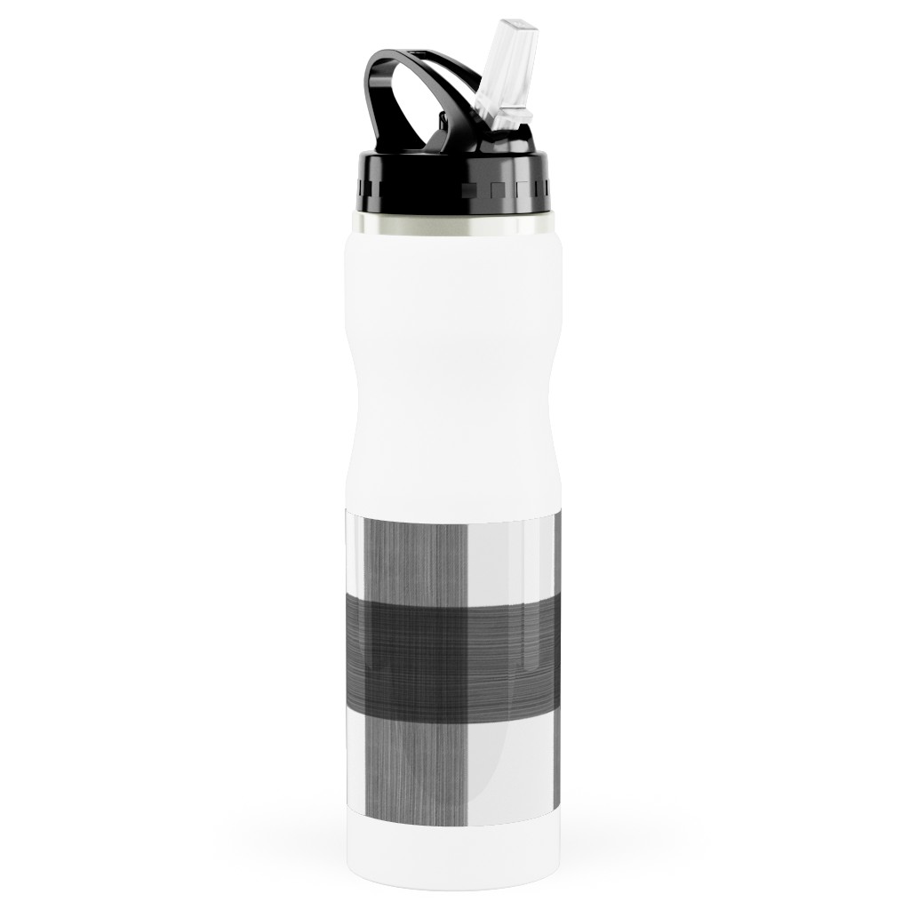 Cross Hatch Plaid Stainless Steel Water Bottle with Straw, 25oz, With Straw, Black