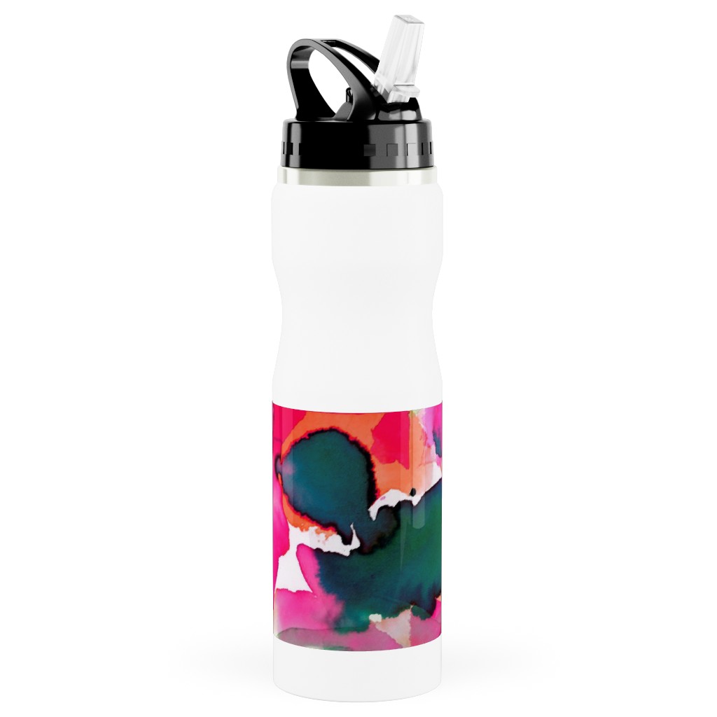 Abstract Flora Watercolor - Multi Stainless Steel Water Bottle with Straw, 25oz, With Straw, Multicolor