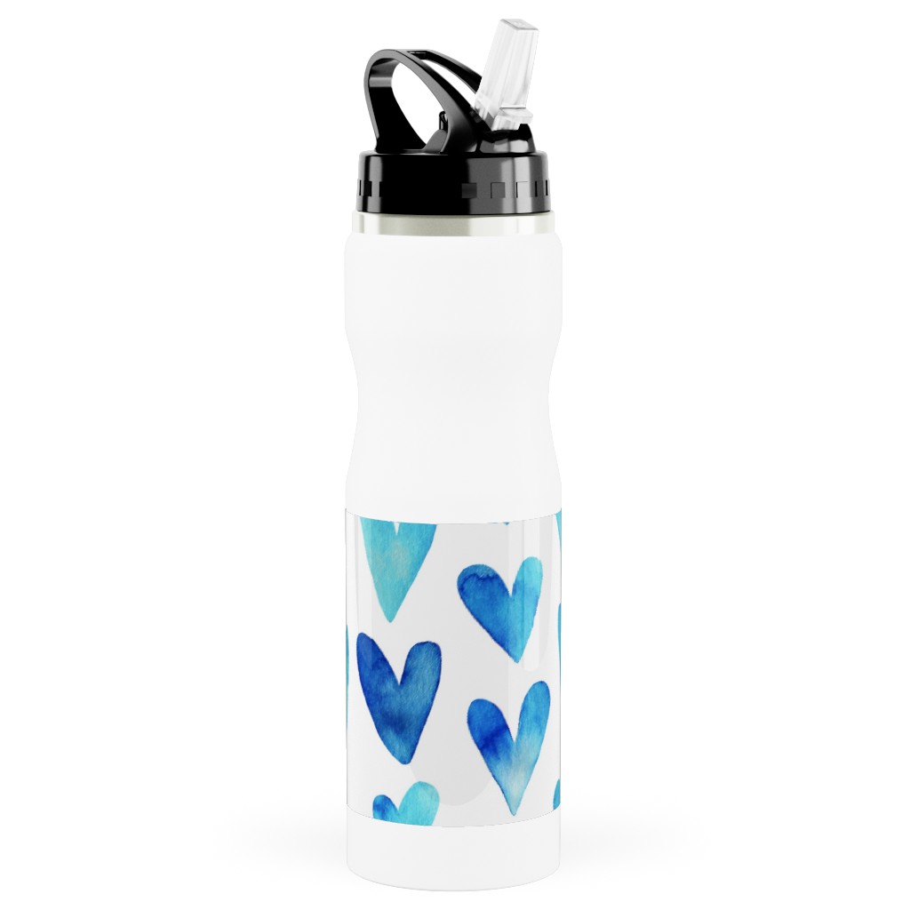 Blue Ombre Hearts - Blue Stainless Steel Water Bottle with Straw, 25oz, With Straw, Blue