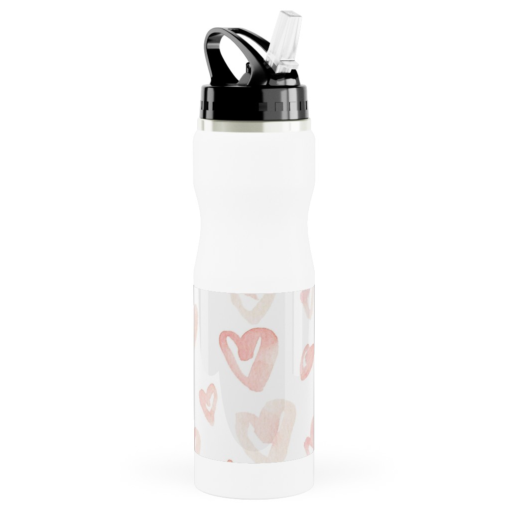 Pale Pink Hearts - Pink Stainless Steel Water Bottle with Straw, 25oz, With Straw, Pink