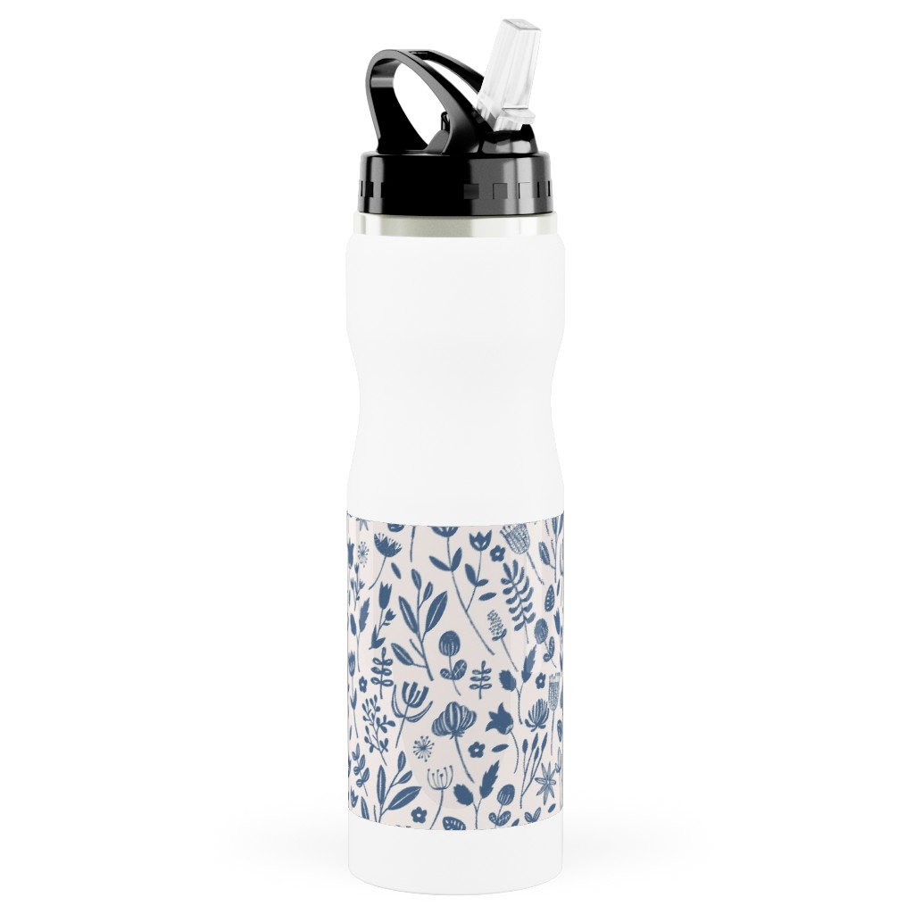 Folk Botanical Print - Blue Stainless Steel Water Bottle with Straw, 25oz, With Straw, Blue