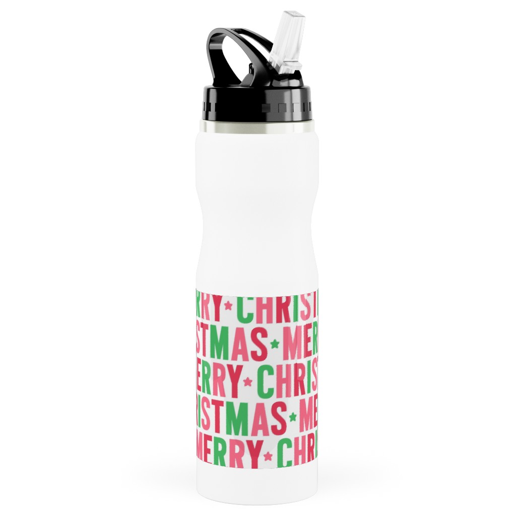 Merry Christmas Uppercase - Green, Pink, Red Stainless Steel Water Bottle with Straw, 25oz, With Straw, Multicolor