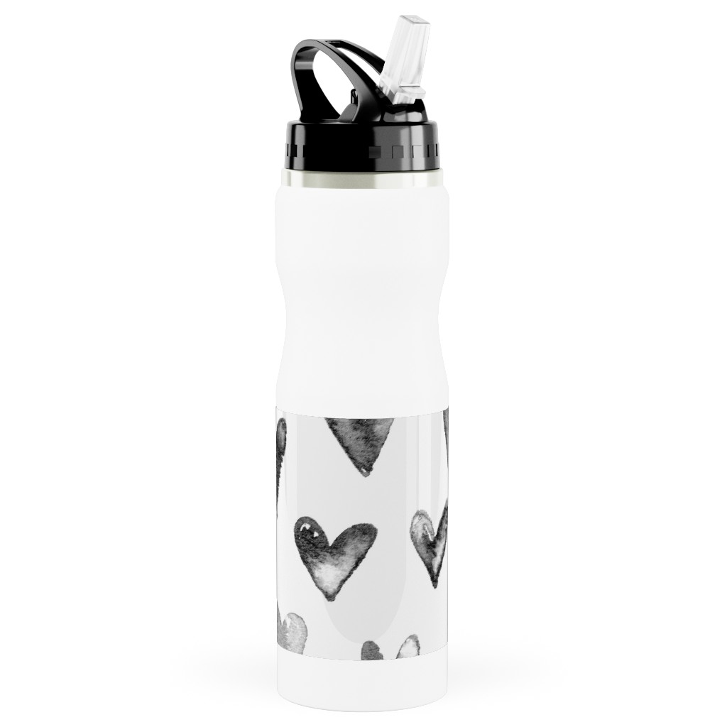 Watercolor Hearts - Black and White Stainless Steel Water Bottle with Straw, 25oz, With Straw, Black