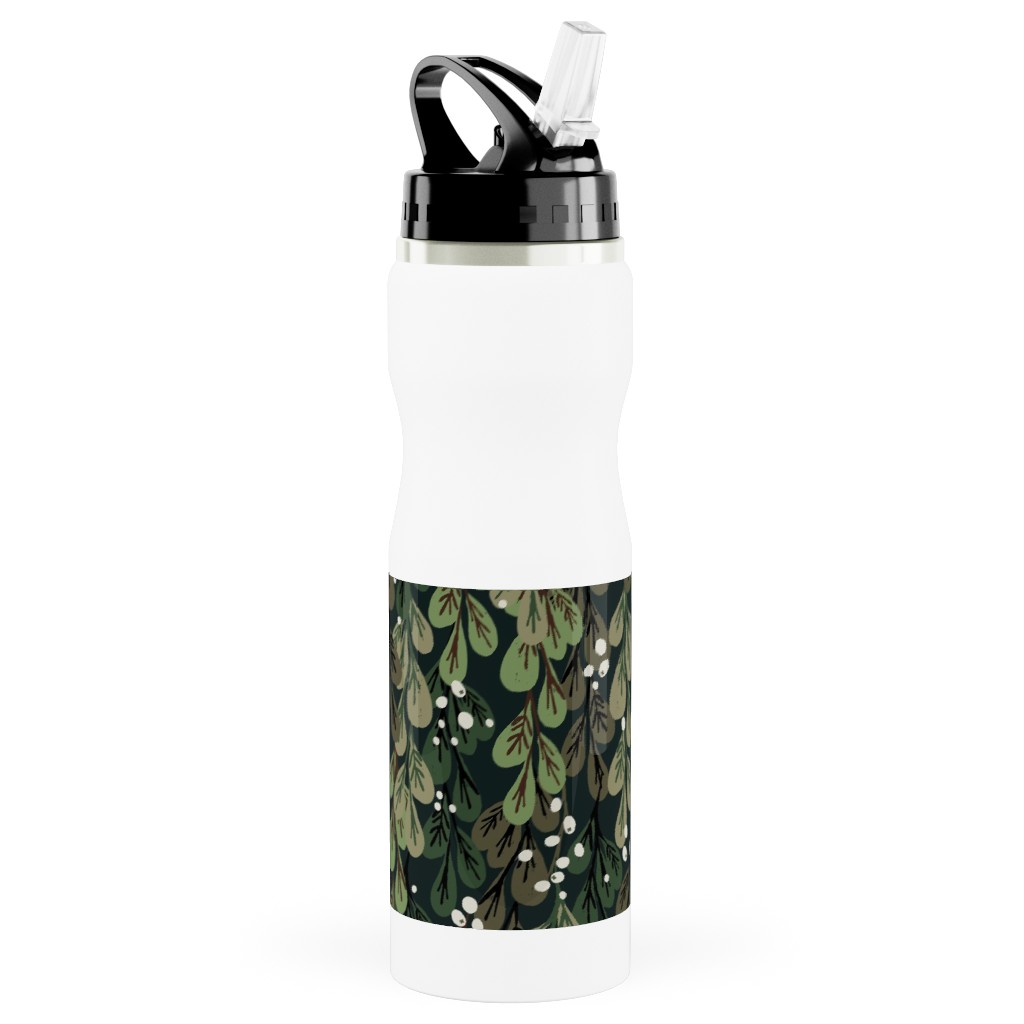 Mistletoe - Green Stainless Steel Water Bottle with Straw, 25oz, With Straw, Green