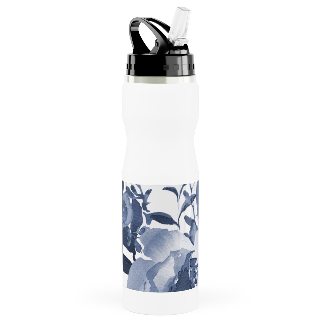 Blue and White Florals - Indigo Stainless Steel Water Bottle with Straw, 25oz, With Straw, Blue