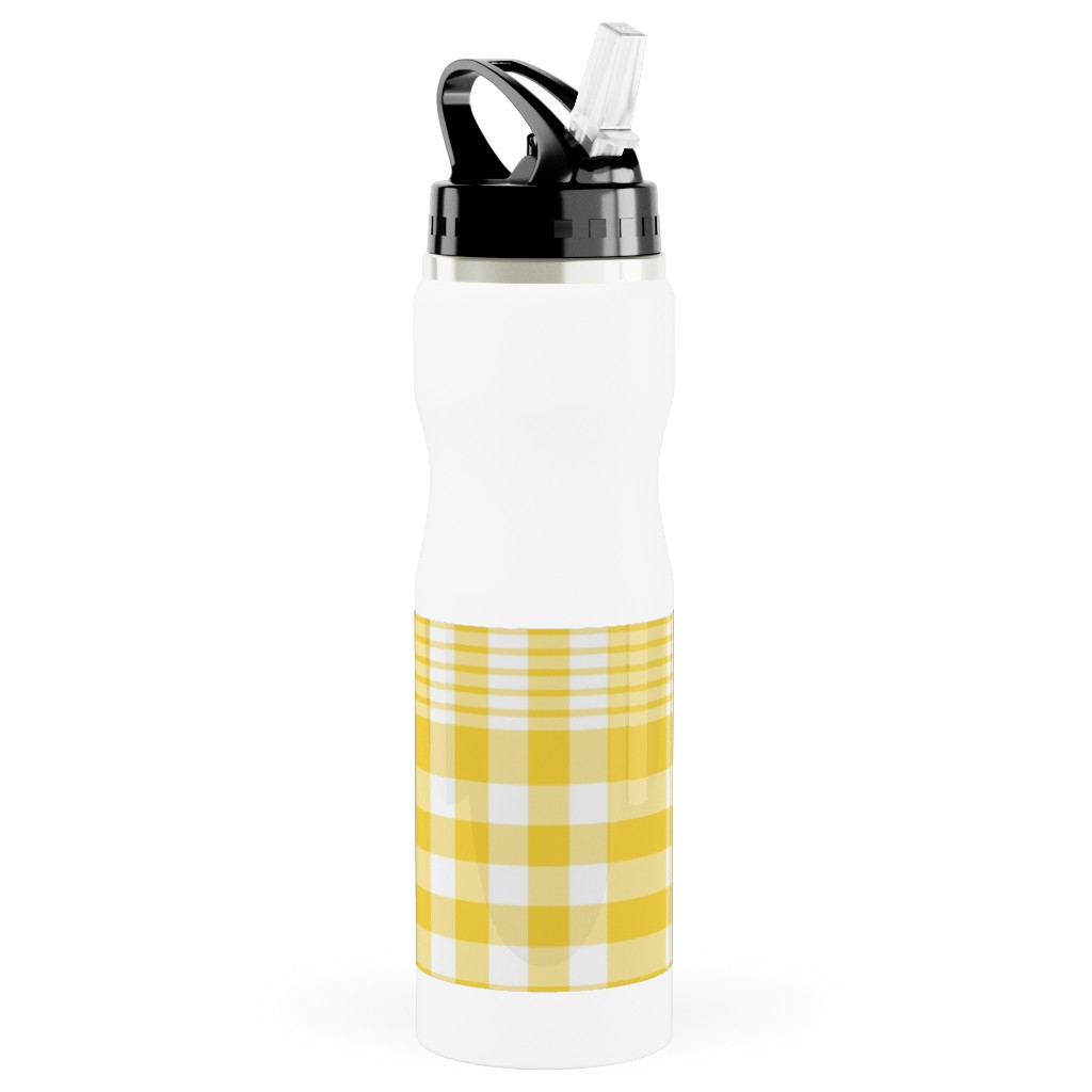Plaid Pattern Stainless Steel Water Bottle with Straw, 25oz, With Straw, Yellow, Sunshine