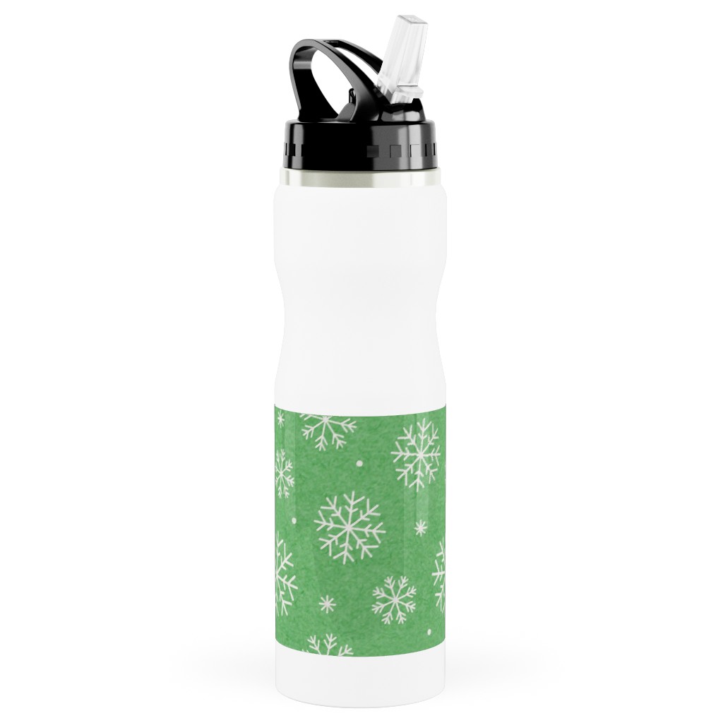 Snowflakes on Mottled Green Stainless Steel Water Bottle with Straw, 25oz, With Straw, Green