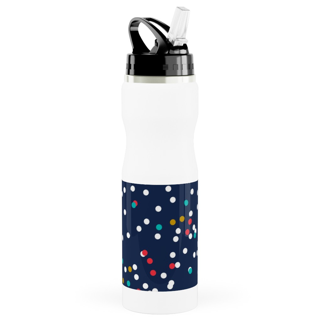 Fun-Fetti - Polka Dot - Navy Blue Stainless Steel Water Bottle with Straw, 25oz, With Straw, Blue, True Blue