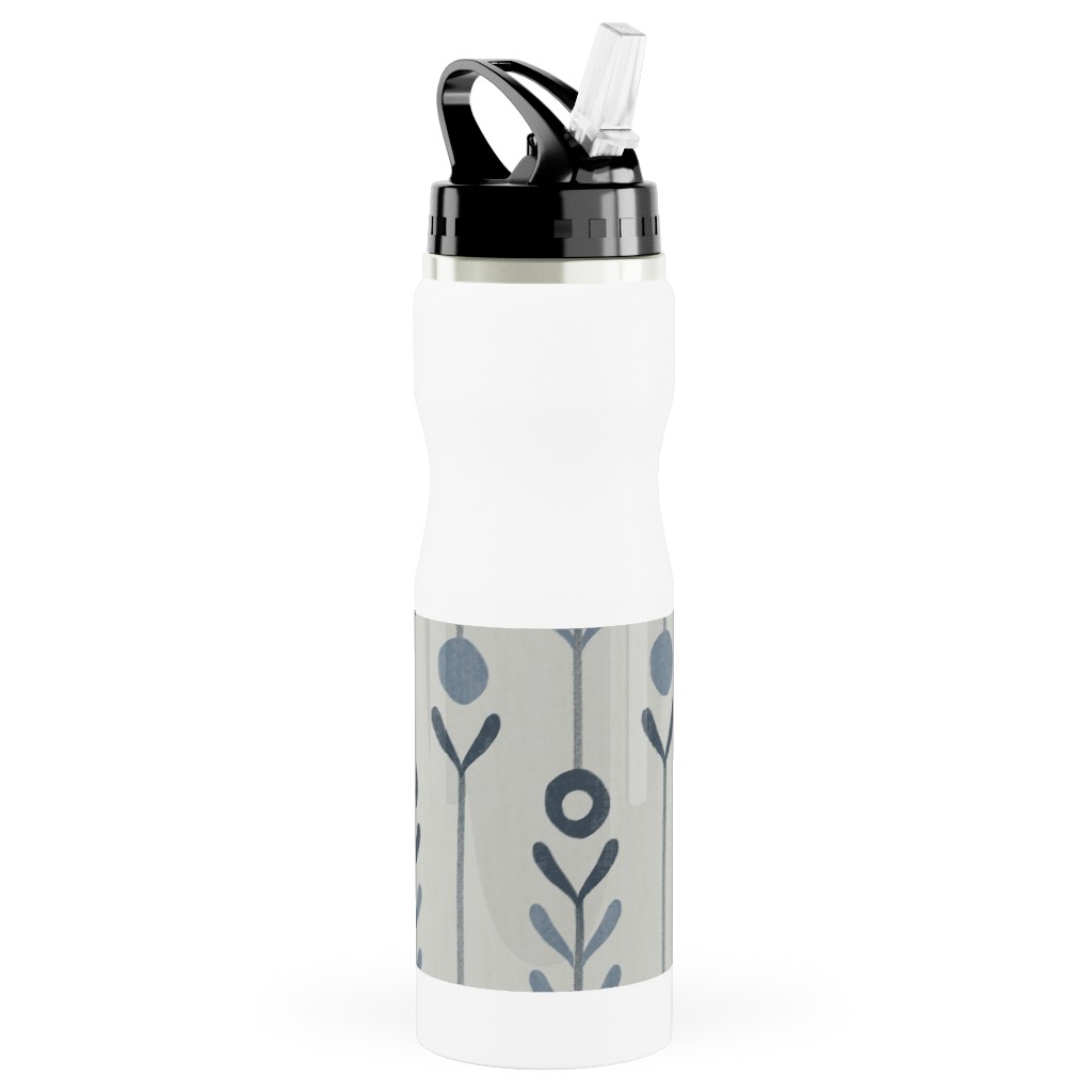 Farmhouse Flowers - Line Art Stainless Steel Water Bottle with Straw, 25oz, With Straw, Blue