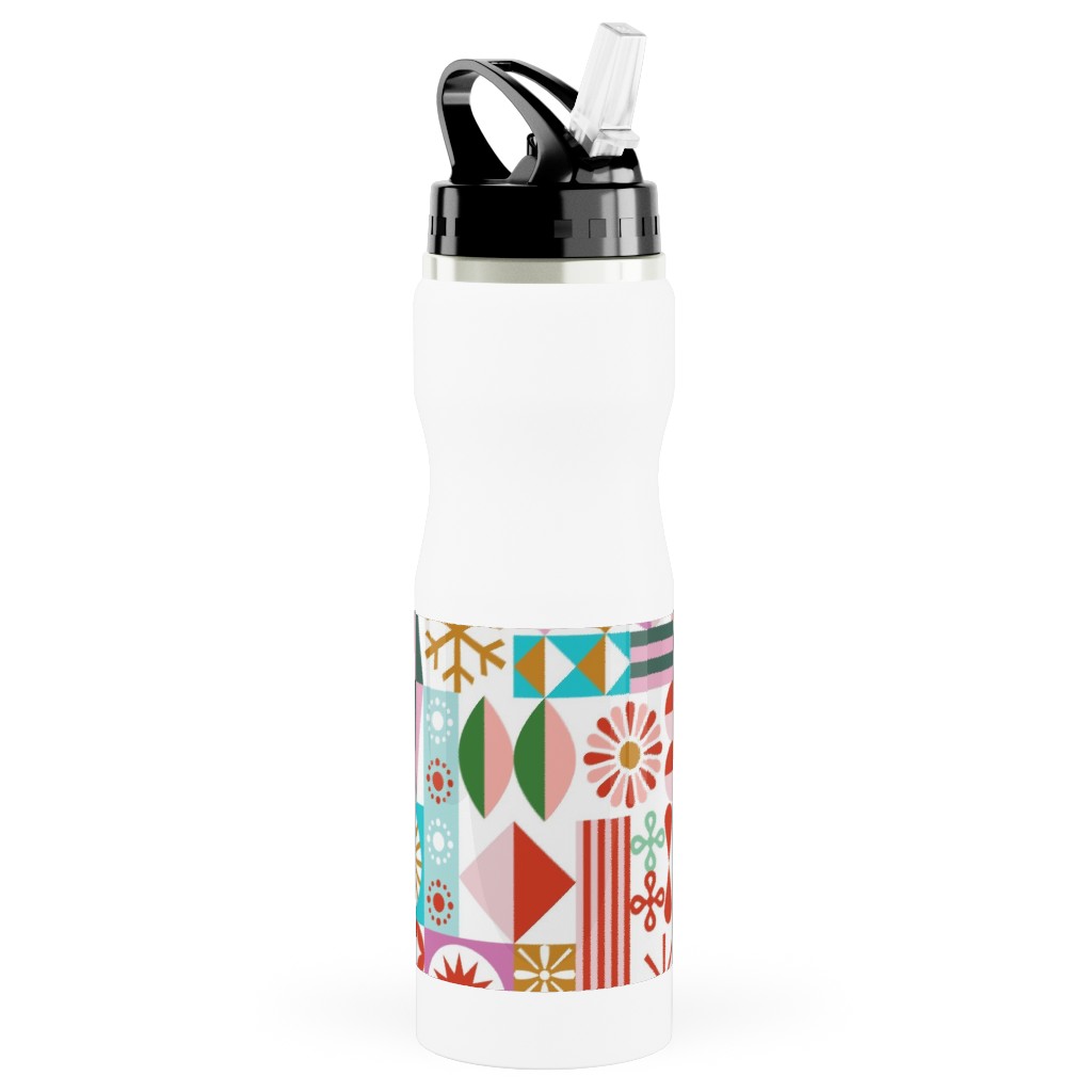 Santa's Workshop Geometric Stars Snowflakes Grid Holiday Stripes - Multi Stainless Steel Water Bottle with Straw, 25oz, With Straw, Multicolor