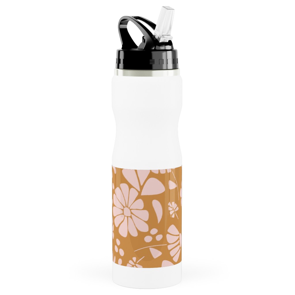 Jungle Floral - Orange and Pink Stainless Steel Water Bottle with Straw, 25oz, With Straw, Orange, Orange