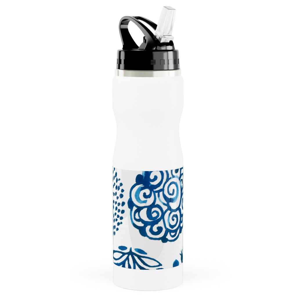 Watercolor Circles of Nature - Blue Stainless Steel Water Bottle with Straw, 25oz, With Straw, Blue