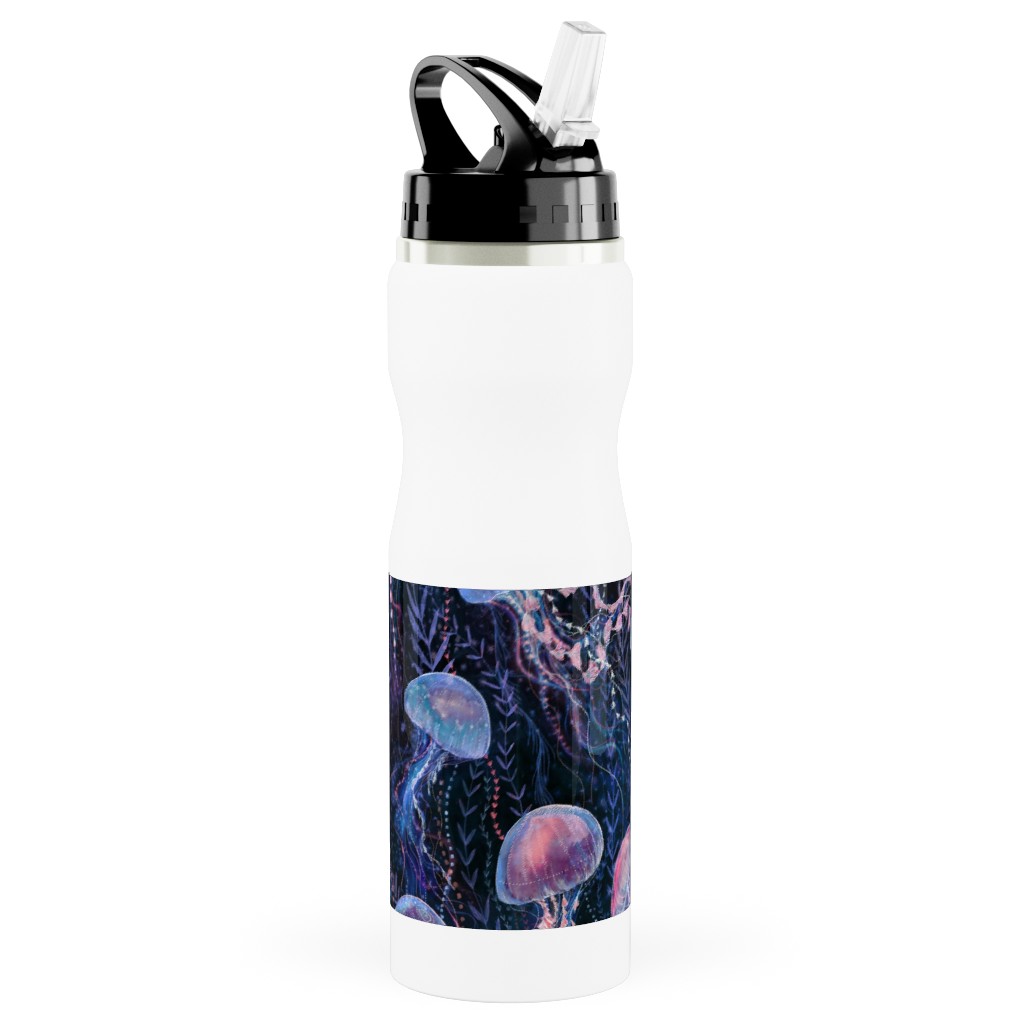 Magic Jellyfish Watercolor Stainless Steel Water Bottle with Straw, 25oz, With Straw, Blue, True Blue