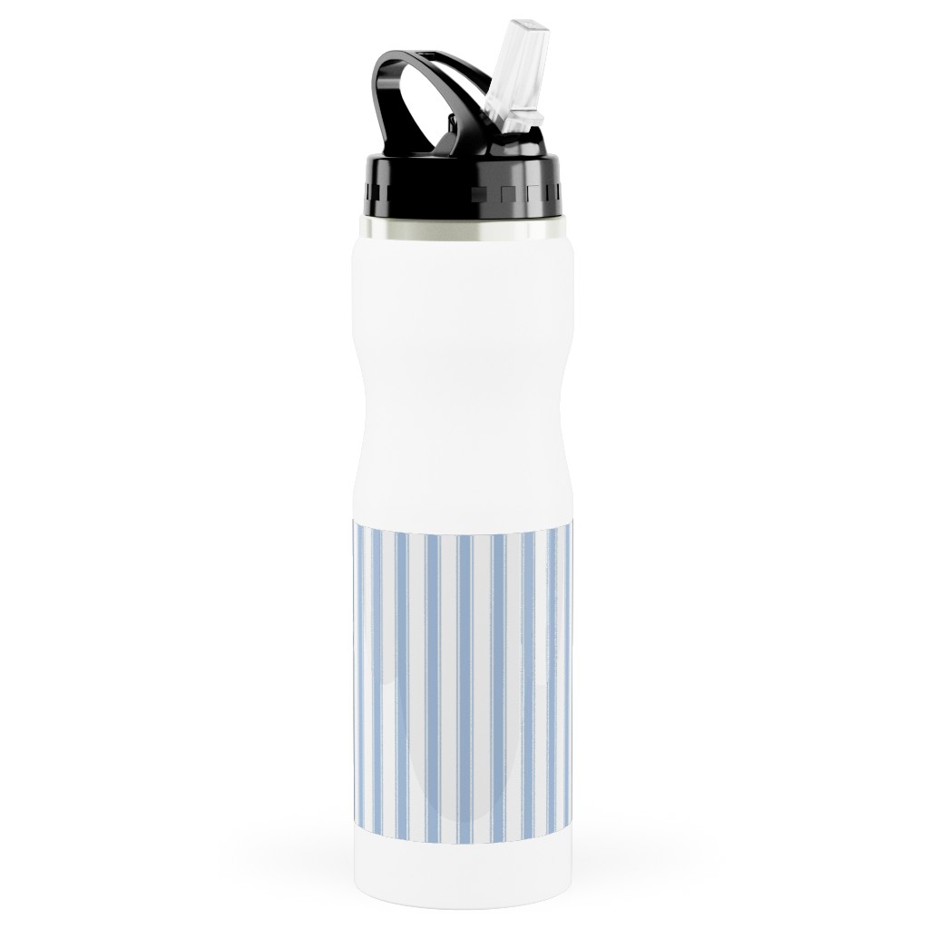 Cedar Lake Cottage Ticking Stripe - Blue Stainless Steel Water Bottle with Straw, 25oz, With Straw, Blue