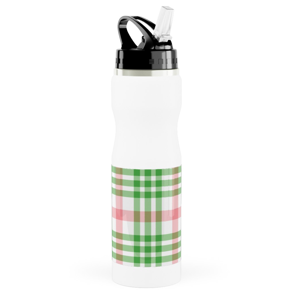 Pink, Green, and White Plaid Stainless Steel Water Bottle with Straw, 25oz, With Straw, Green