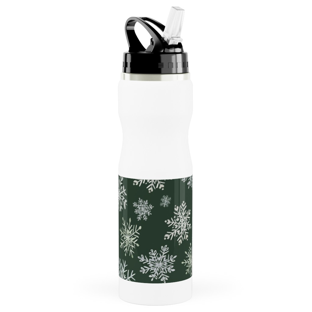 Lace Snowflakes on Hunter Green Stainless Steel Water Bottle with Straw, 25oz, With Straw, Green