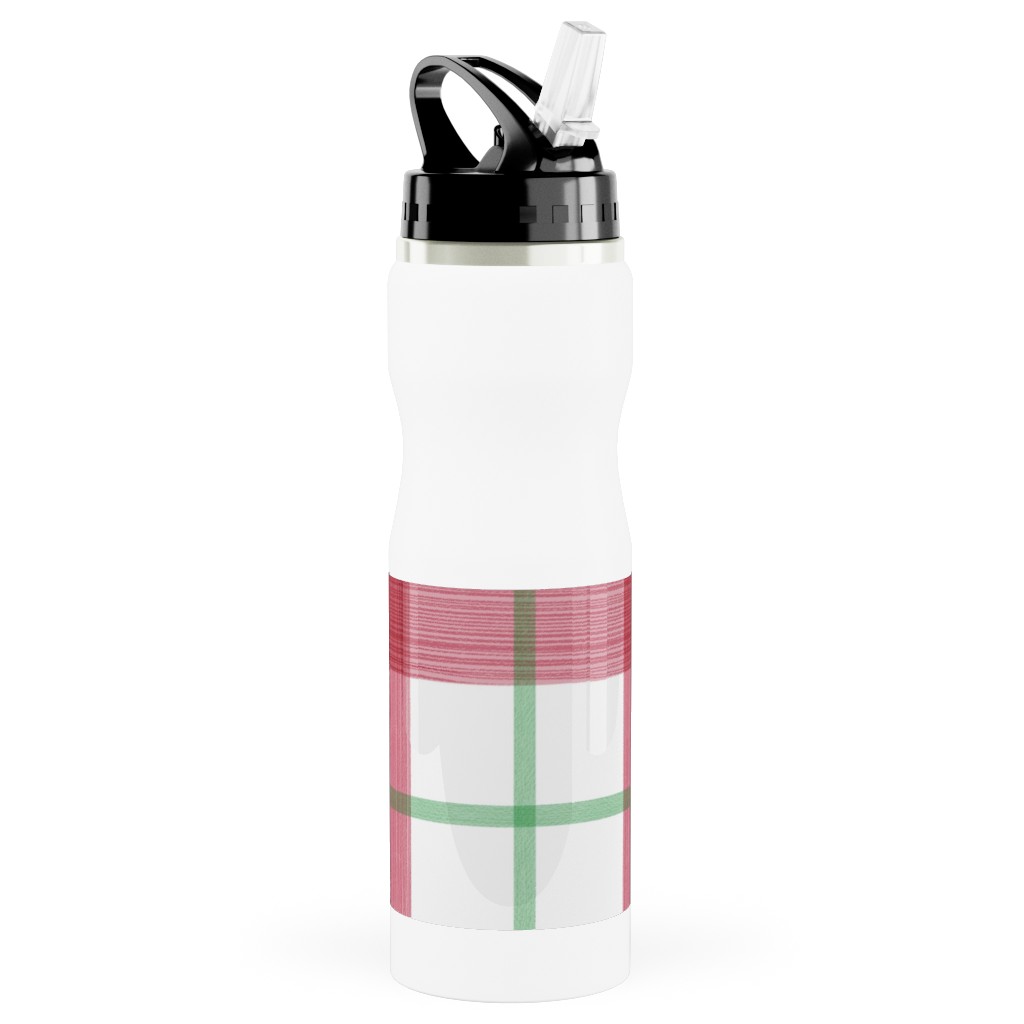 Double Plaid Stainless Steel Water Bottle with Straw, 25oz, With Straw, Red