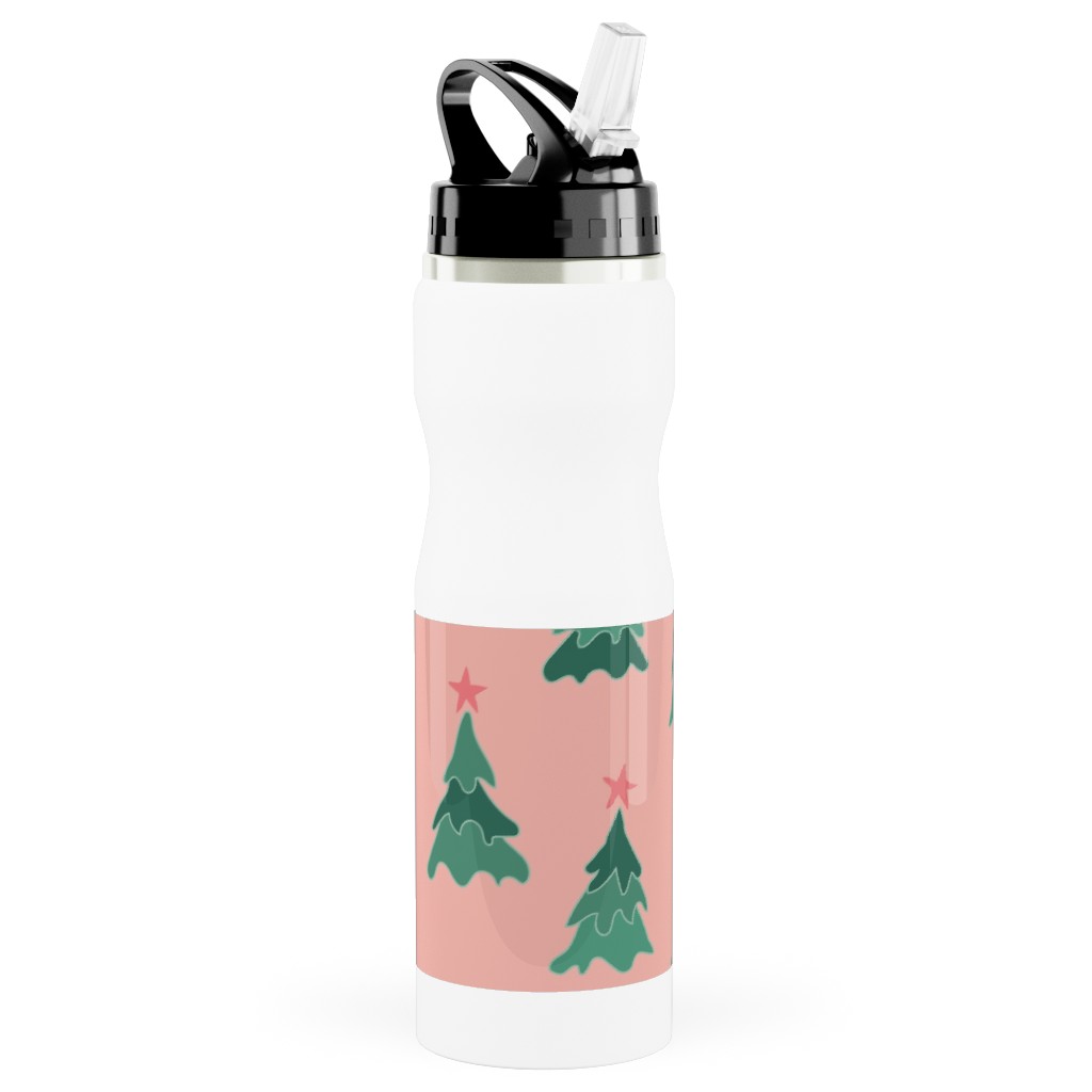 Modern Christmas Trees Stainless Steel Water Bottle with Straw, 25oz, With Straw, Pink, Bright Pink