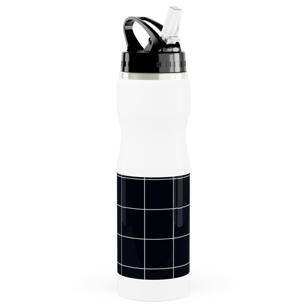 Grid - Black Ad White Stainless Steel Water Bottle with Straw, 25oz, With Straw, Black