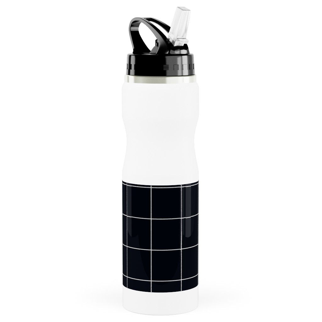 Grid - Black Ad White Stainless Steel Water Bottle with Straw, 25oz, With Straw, Black, Black