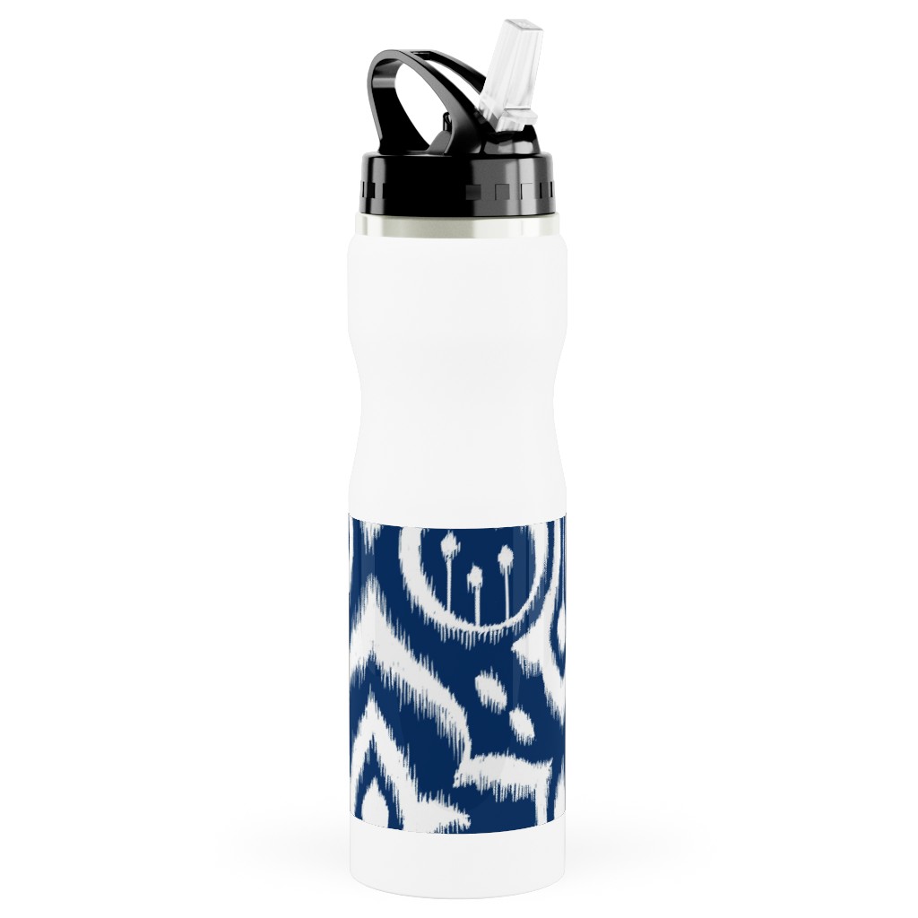Ikat Damask - Midnight Navy Stainless Steel Water Bottle with Straw, 25oz, With Straw, Blue, True Blue
