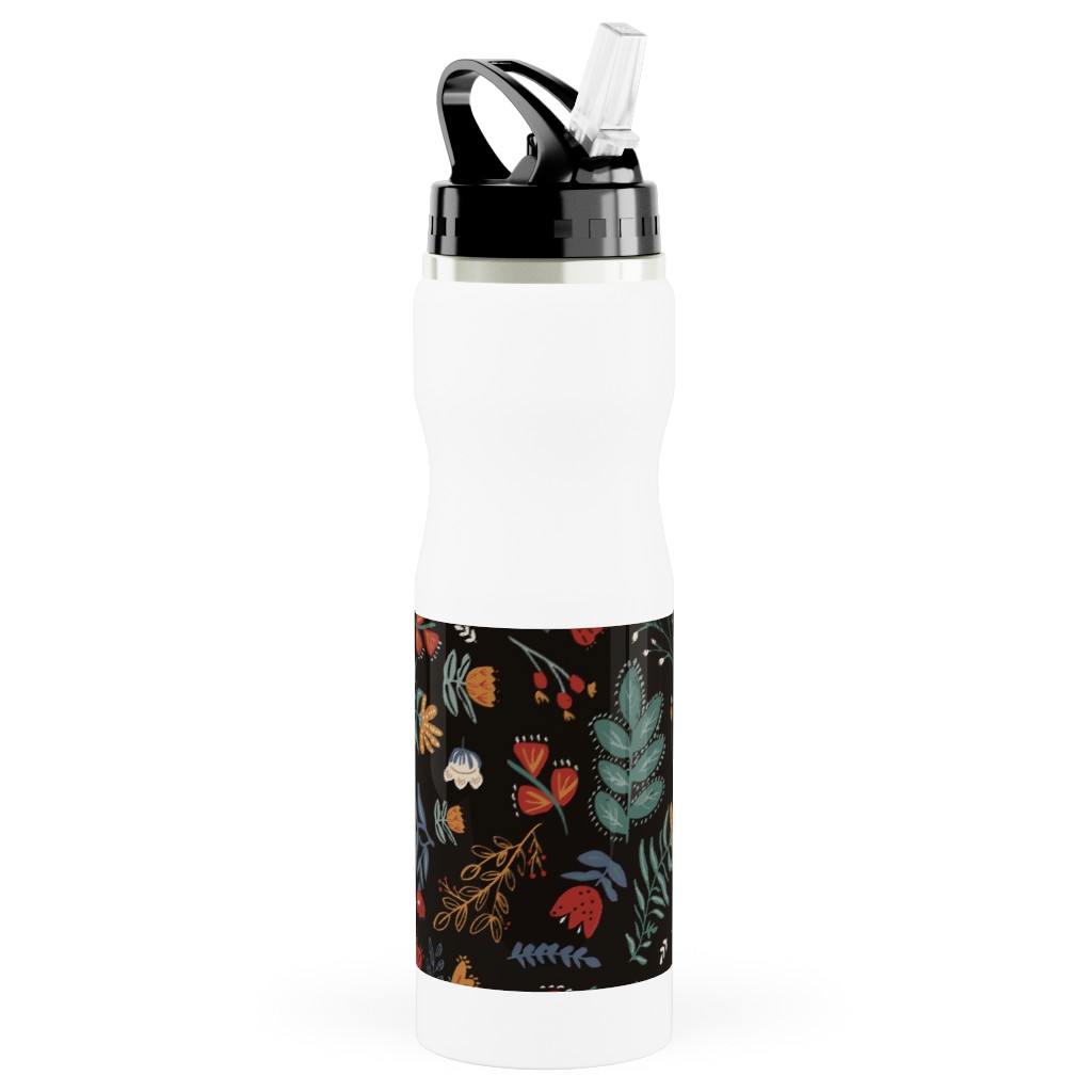 Midnight Garden Stainless Steel Water Bottle with Straw, 25oz, With Straw, Black