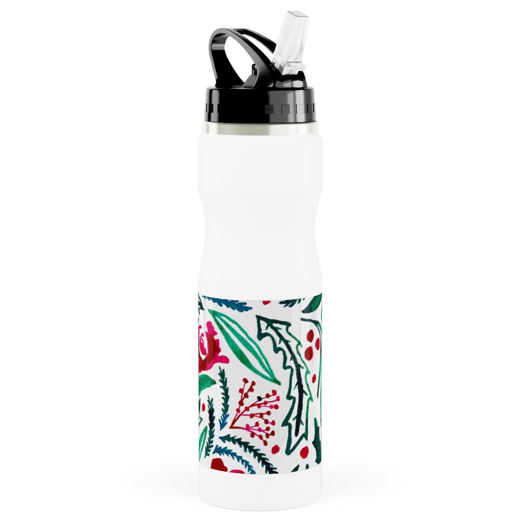 Noel Collection - Loose Floral Stainless Steel Water Bottle with Straw, 25oz, With Straw, Multicolor