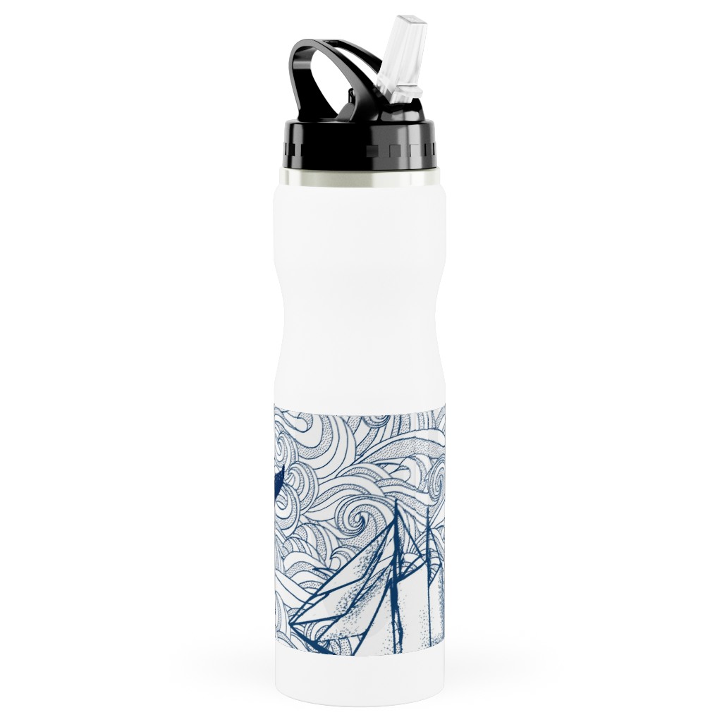 Vintage Nautical Journey Stainless Steel Water Bottle with Straw, 25oz, With Straw, Blue