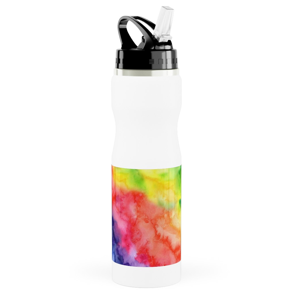 Rainbow Watercolor Wash Stainless Steel Water Bottle with Straw, 25oz, With Straw, Multicolor