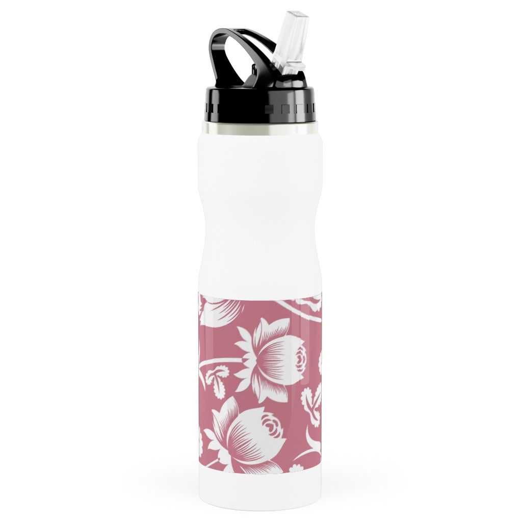 Lovely Rose Flower - Pink and White Stainless Steel Water Bottle with Straw, 25oz, With Straw, Pink