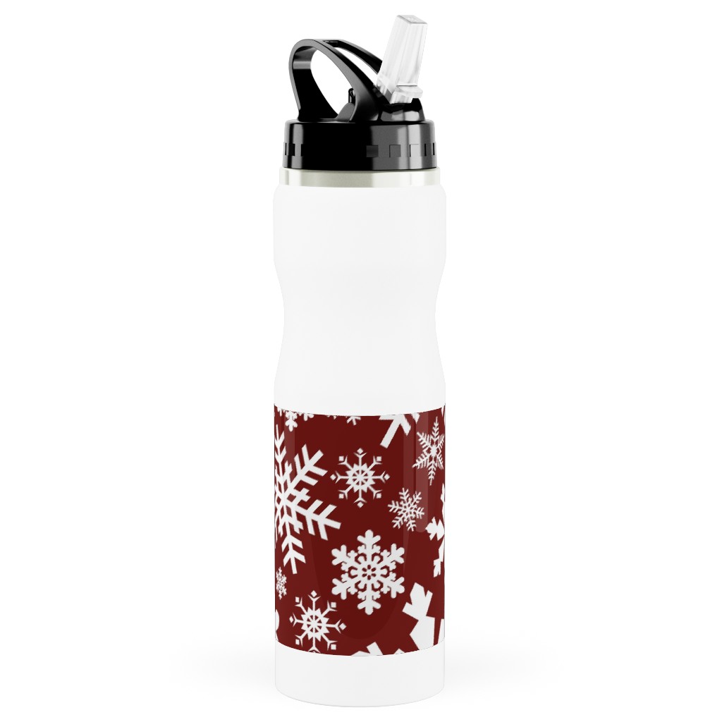 Christmas White Snowflakes on Red Background Stainless Steel Water Bottle with Straw, 25oz, With Straw, Red